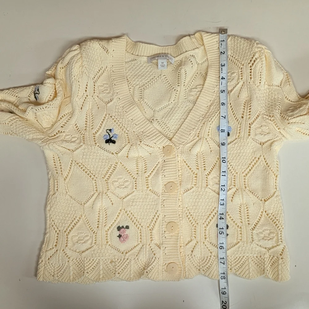 CHELSEA & VIOLET Pointelle Knit Floral Embroidered Button Front Cardigan Sweater - Picture 11 of 12